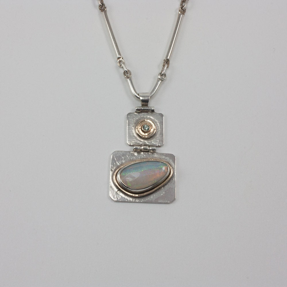 Sapphire and solid opal necklace, sterling silver, solid 14k yellow gold, pendant, bar necklace, gift for her, gift for girl, gift woman
