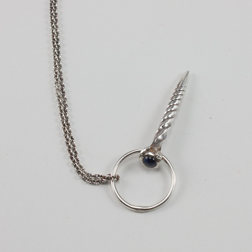 Unicorn horn necklace handmade in sterling silver with blue sapphire on 18 inch chain, gift, her, girl, woman