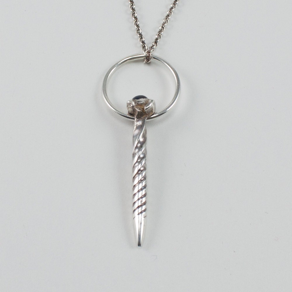 Unicorn horn necklace handmade in sterling silver with blue sapphire on 18 inch chain, gift, her, girl, woman