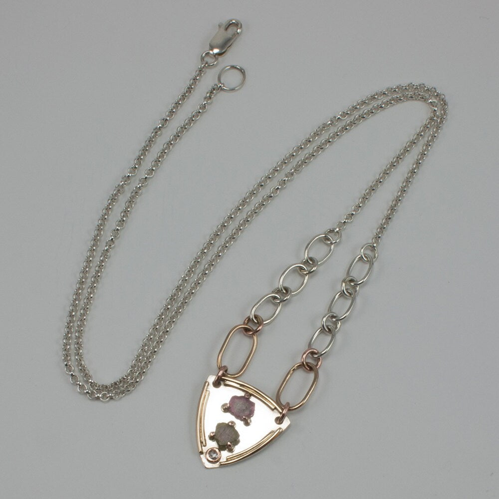 Tourmaline and diamond crest necklace in sterling silver and solid 14k yellow and rose gold, gift, her