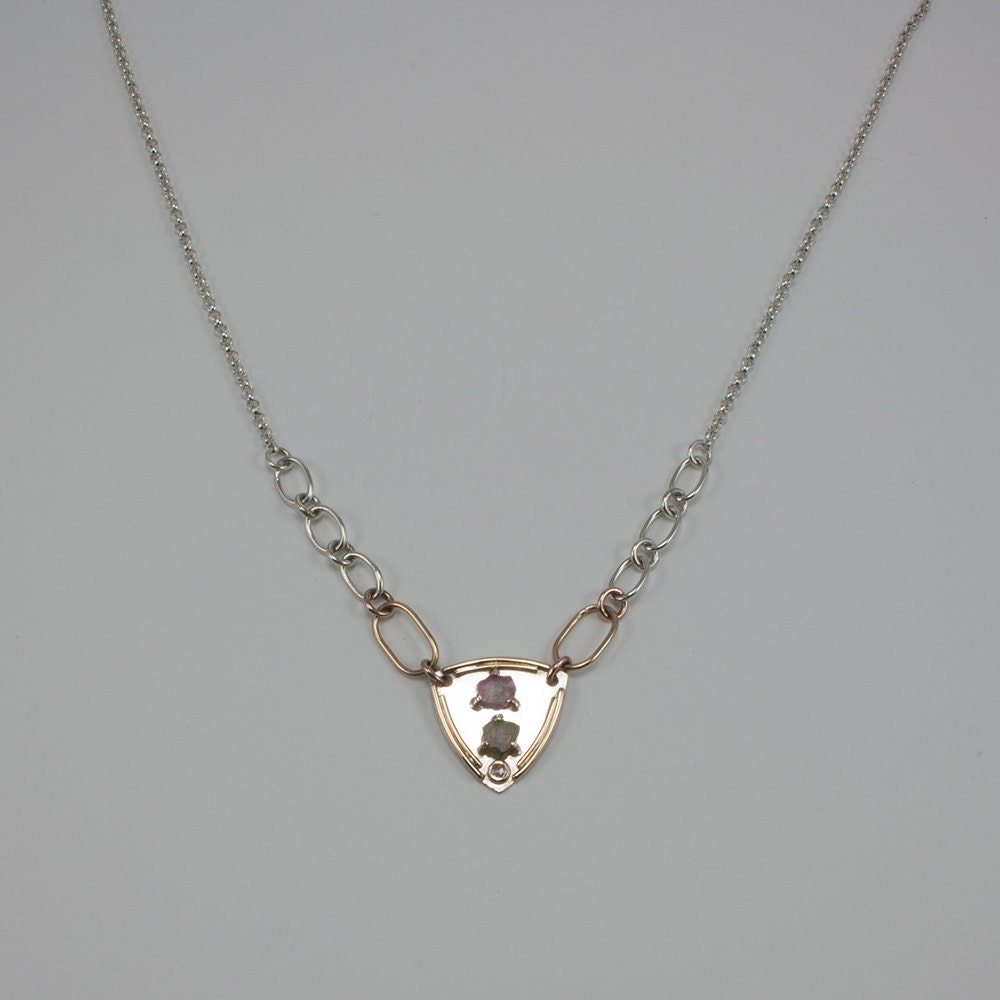 Tourmaline and diamond crest necklace in sterling silver and solid 14k yellow and rose gold, gift, her