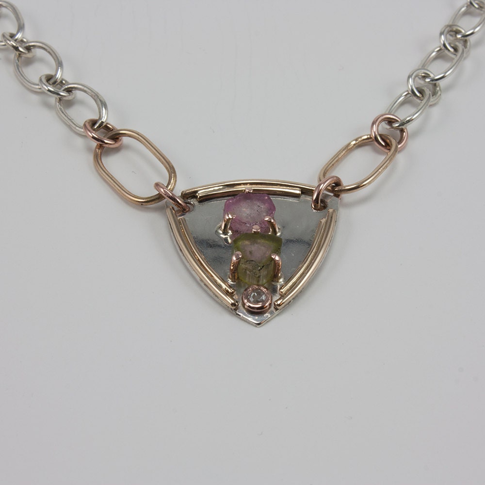 Tourmaline and diamond crest necklace in sterling silver and solid 14k yellow and rose gold, gift, her