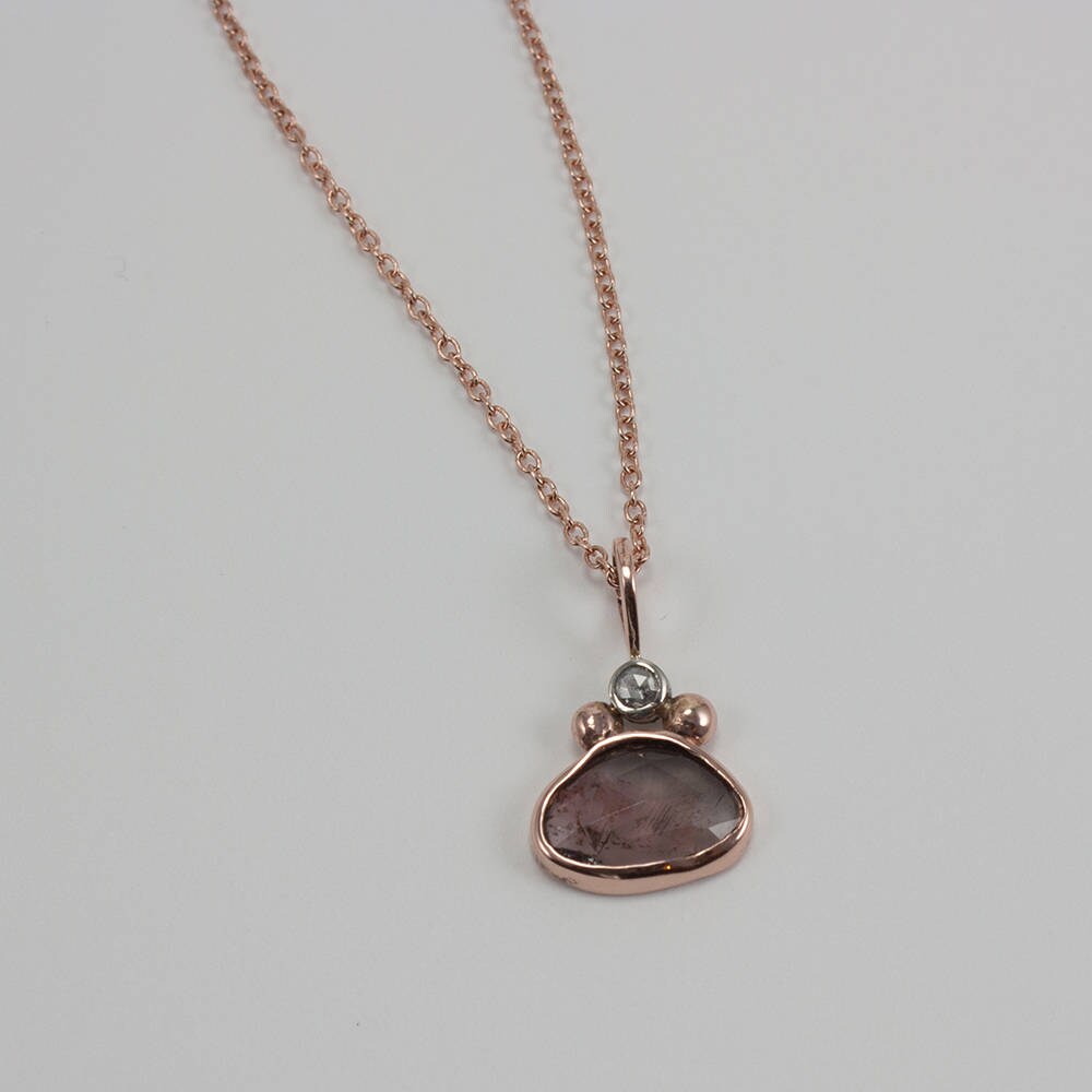 Solid Rose and White Gold, Rose Cut Tourmaline and Diamond Pendant Necklace , Layering, Dainty, Gift