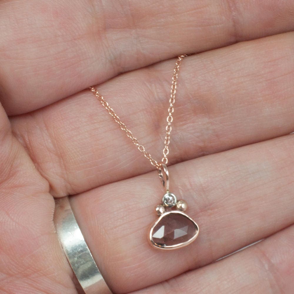 Solid Rose and White Gold, Rose Cut Tourmaline and Diamond Pendant Necklace , Layering, Dainty, Gift