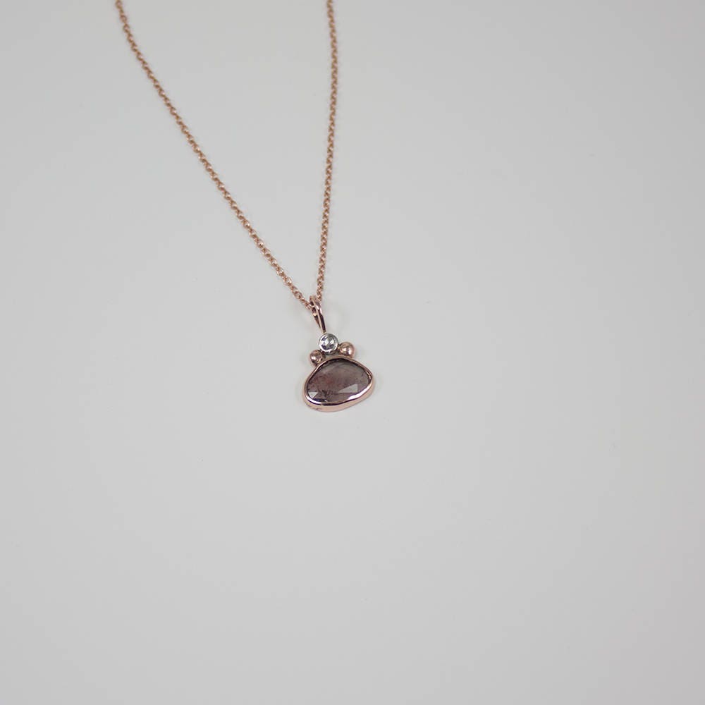 Solid Rose and White Gold, Rose Cut Tourmaline and Diamond Pendant Necklace , Layering, Dainty, Gift