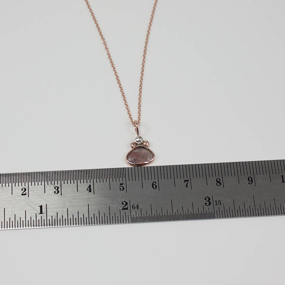 Solid Rose and White Gold, Rose Cut Tourmaline and Diamond Pendant Necklace , Layering, Dainty, Gift