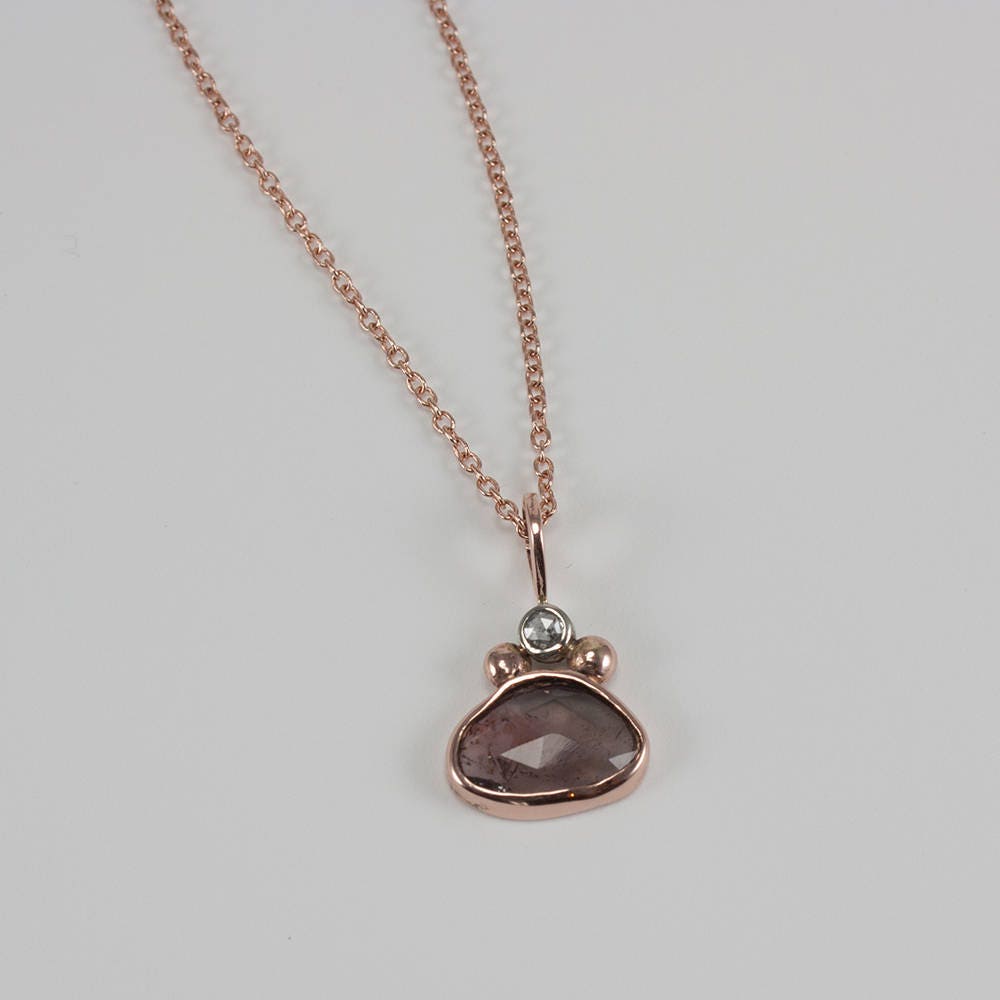 Solid Rose and White Gold, Rose Cut Tourmaline and Diamond Pendant Necklace , Layering, Dainty, Gift
