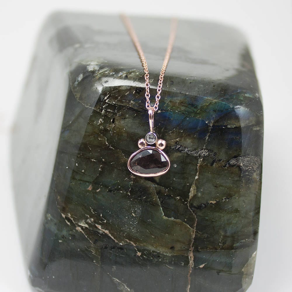 Solid Rose and White Gold, Rose Cut Tourmaline and Diamond Pendant Necklace , Layering, Dainty, Gift