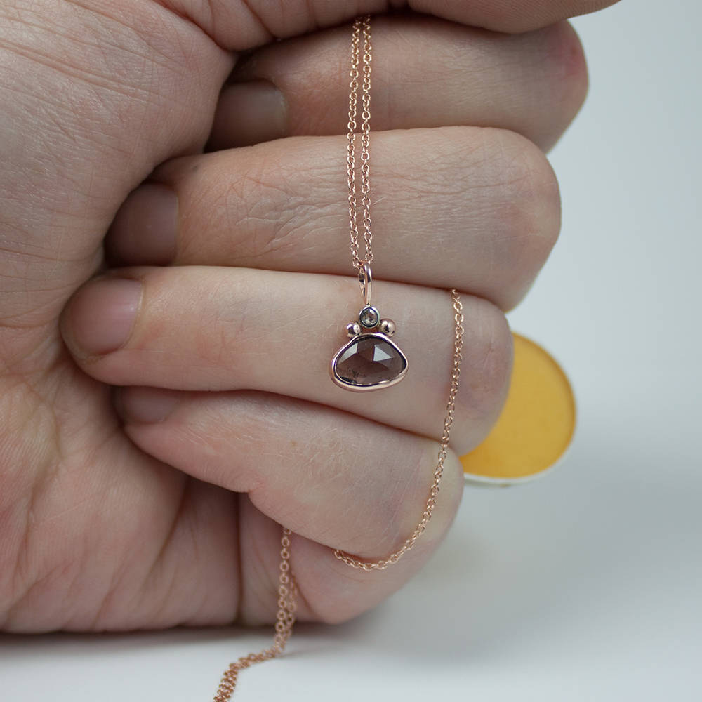 Solid Rose and White Gold, Rose Cut Tourmaline and Diamond Pendant Necklace , Layering, Dainty, Gift