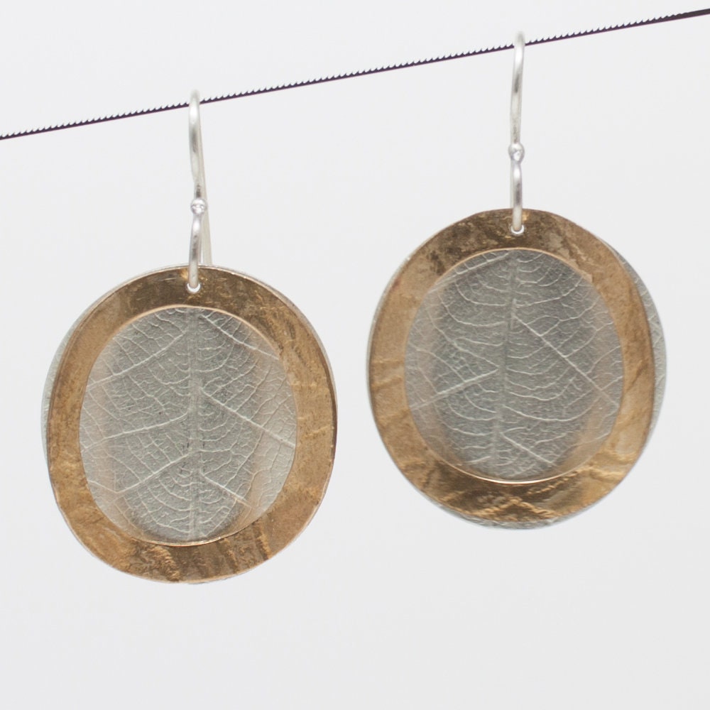 Leaf and lace brass and sterling silver earrings