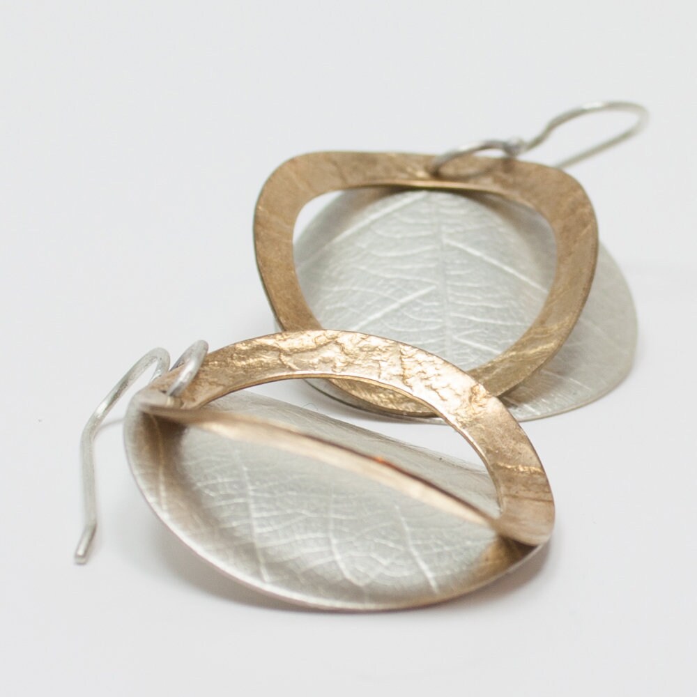 Leaf and lace brass and sterling silver earrings