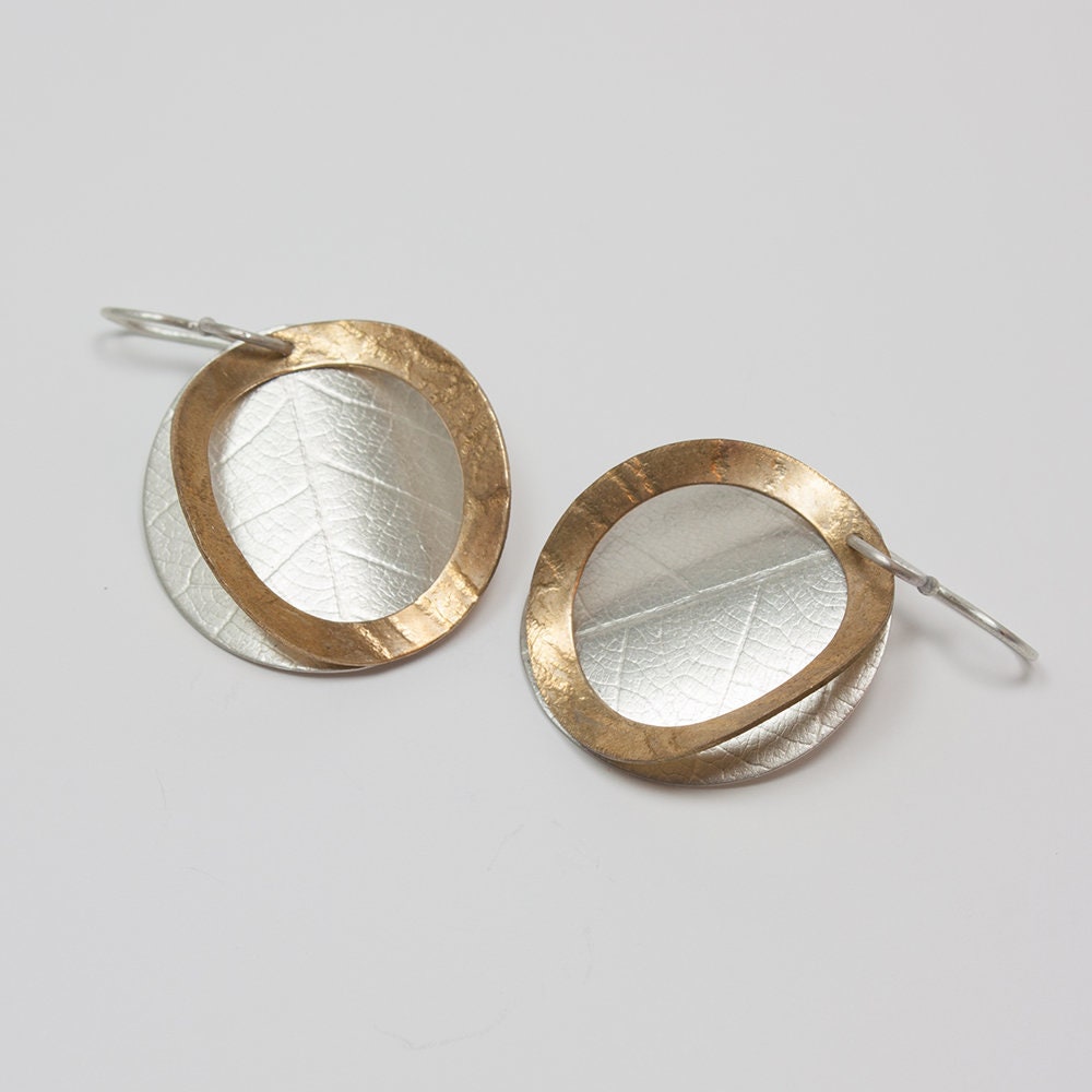 Leaf and lace brass and sterling silver earrings
