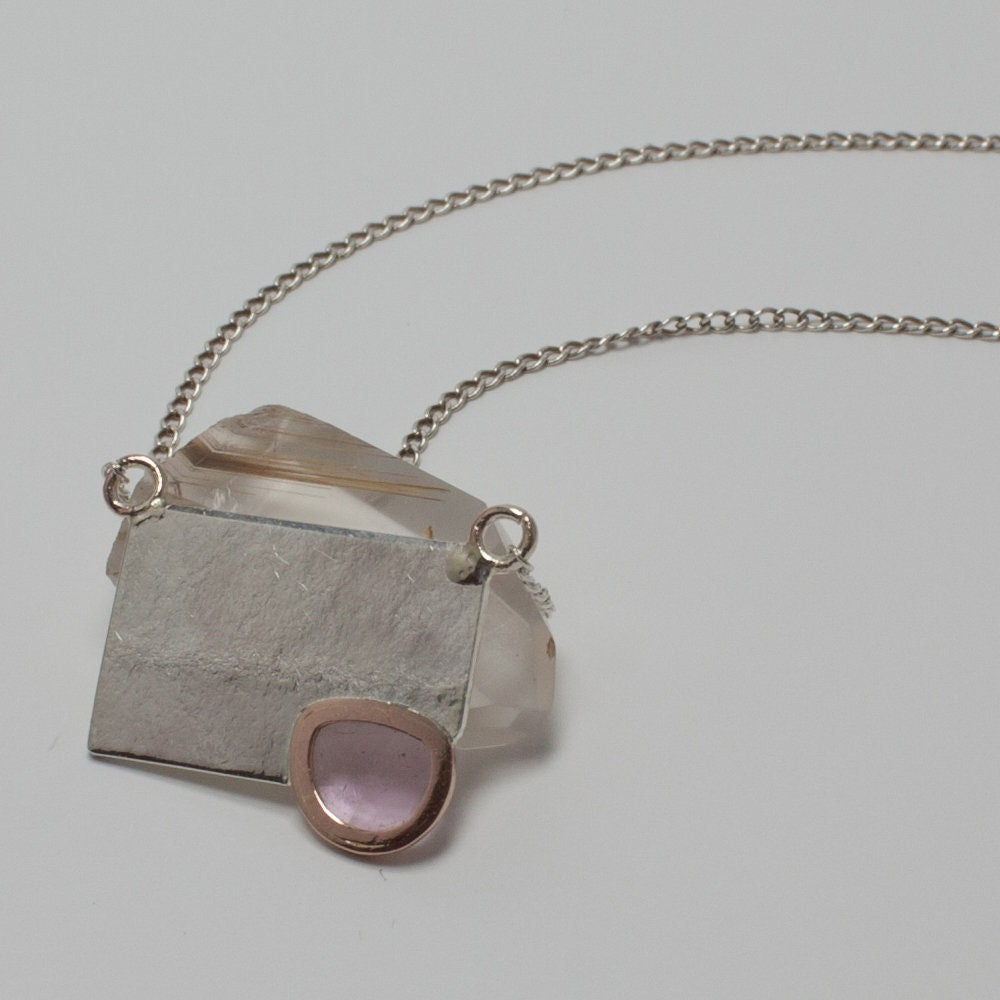 sterling silver, solid 14k rose gold and rose-cut pink tourmaline, leaf impression necklace, spring, gift