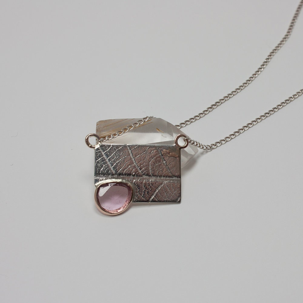 sterling silver, solid 14k rose gold and rose-cut pink tourmaline, leaf impression necklace, spring, gift