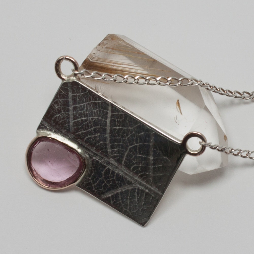 sterling silver, solid 14k rose gold and rose-cut pink tourmaline, leaf impression necklace, spring, gift