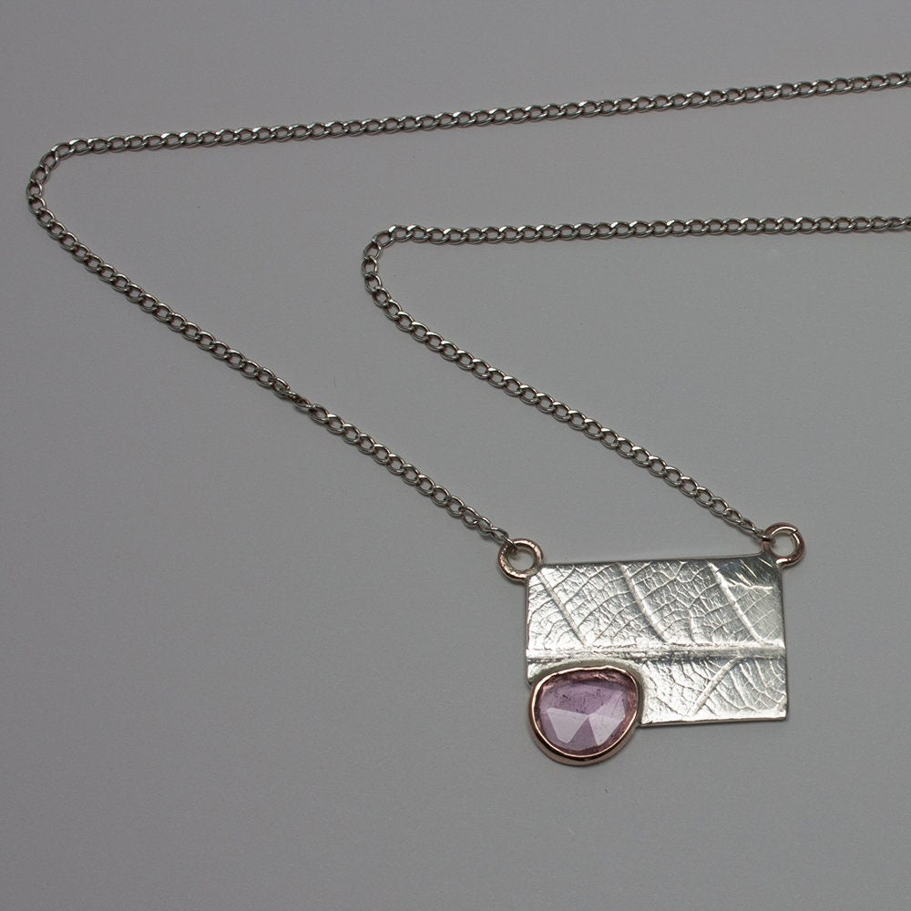 sterling silver, solid 14k rose gold and rose-cut pink tourmaline, leaf impression necklace, spring, gift