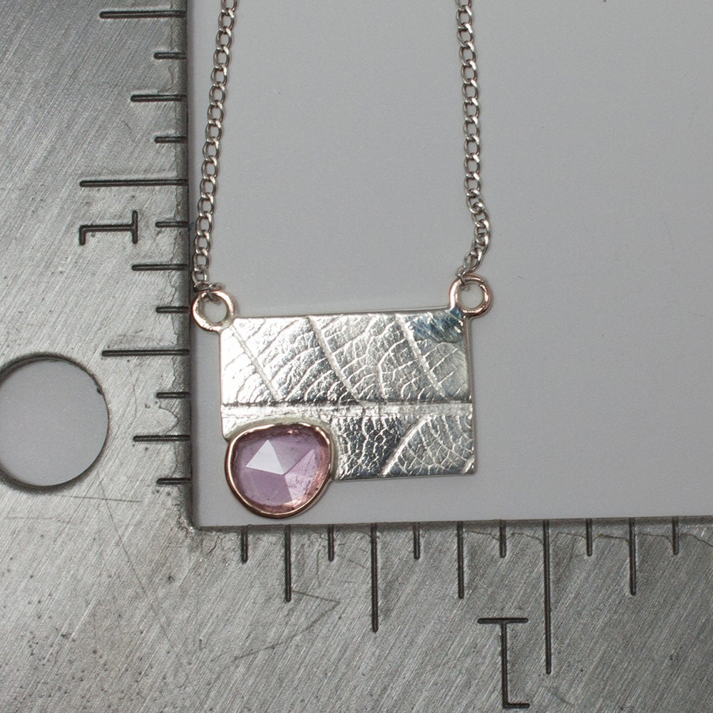 sterling silver, solid 14k rose gold and rose-cut pink tourmaline, leaf impression necklace, spring, gift