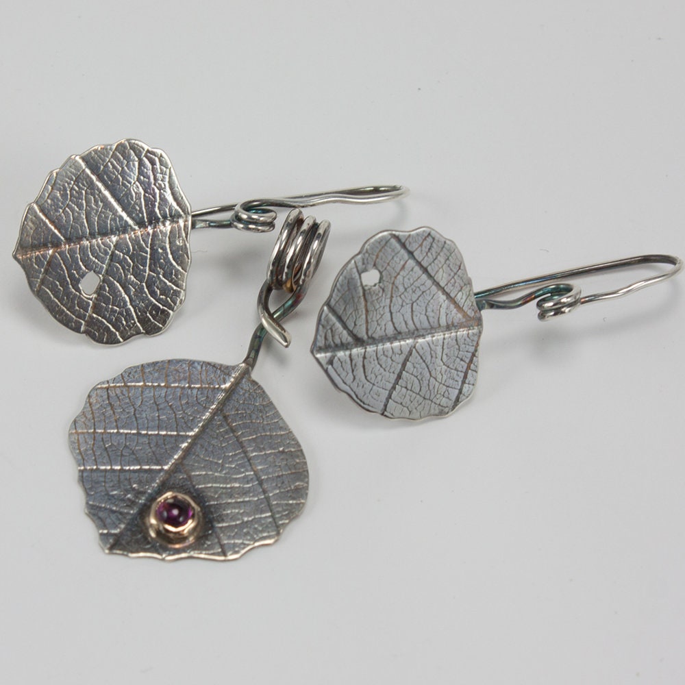 Aspen leaf, sterling silver necklace and earring set, pink tourmaline, 14k yellow gold bezel, gift