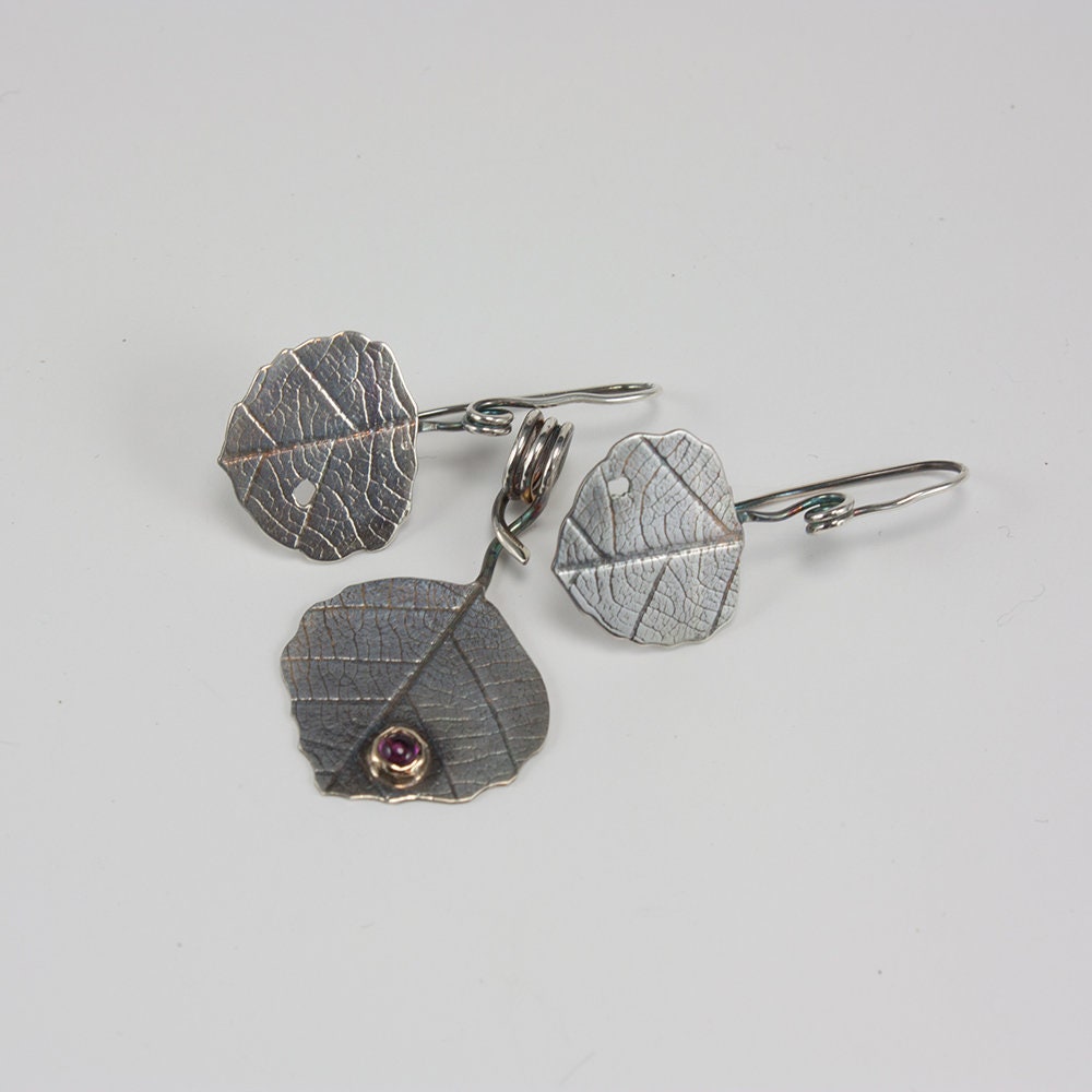 Aspen leaf, sterling silver necklace and earring set, pink tourmaline, 14k yellow gold bezel, gift