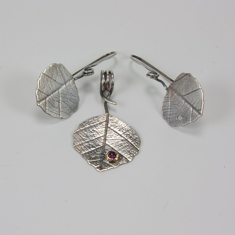 Aspen leaf, sterling silver necklace and earring set, pink tourmaline, 14k yellow gold bezel, gift