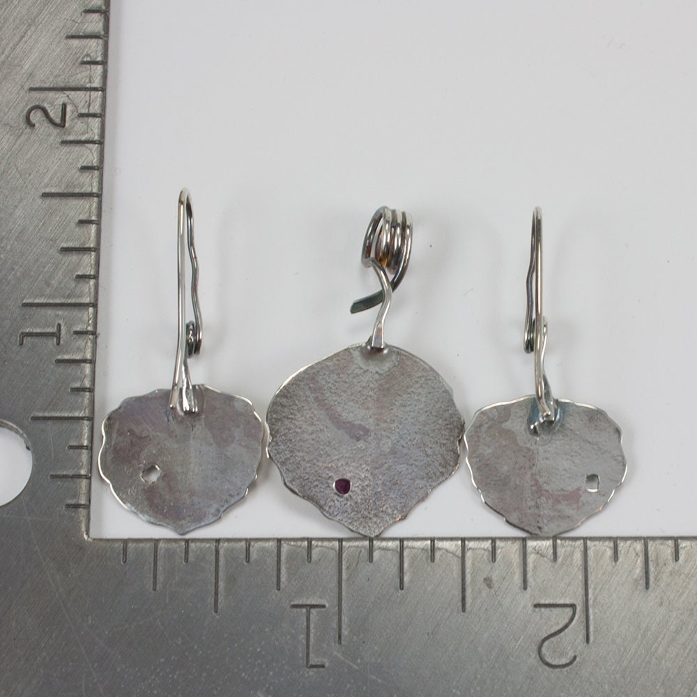 Aspen leaf, sterling silver necklace and earring set, pink tourmaline, 14k yellow gold bezel, gift