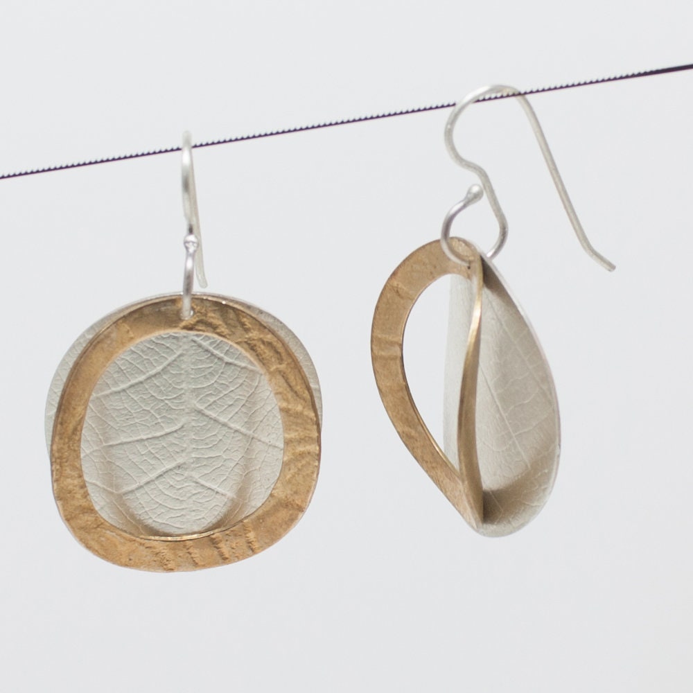 Leaf and lace brass and sterling silver earrings