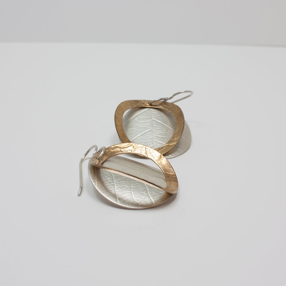 Leaf and lace brass and sterling silver earrings