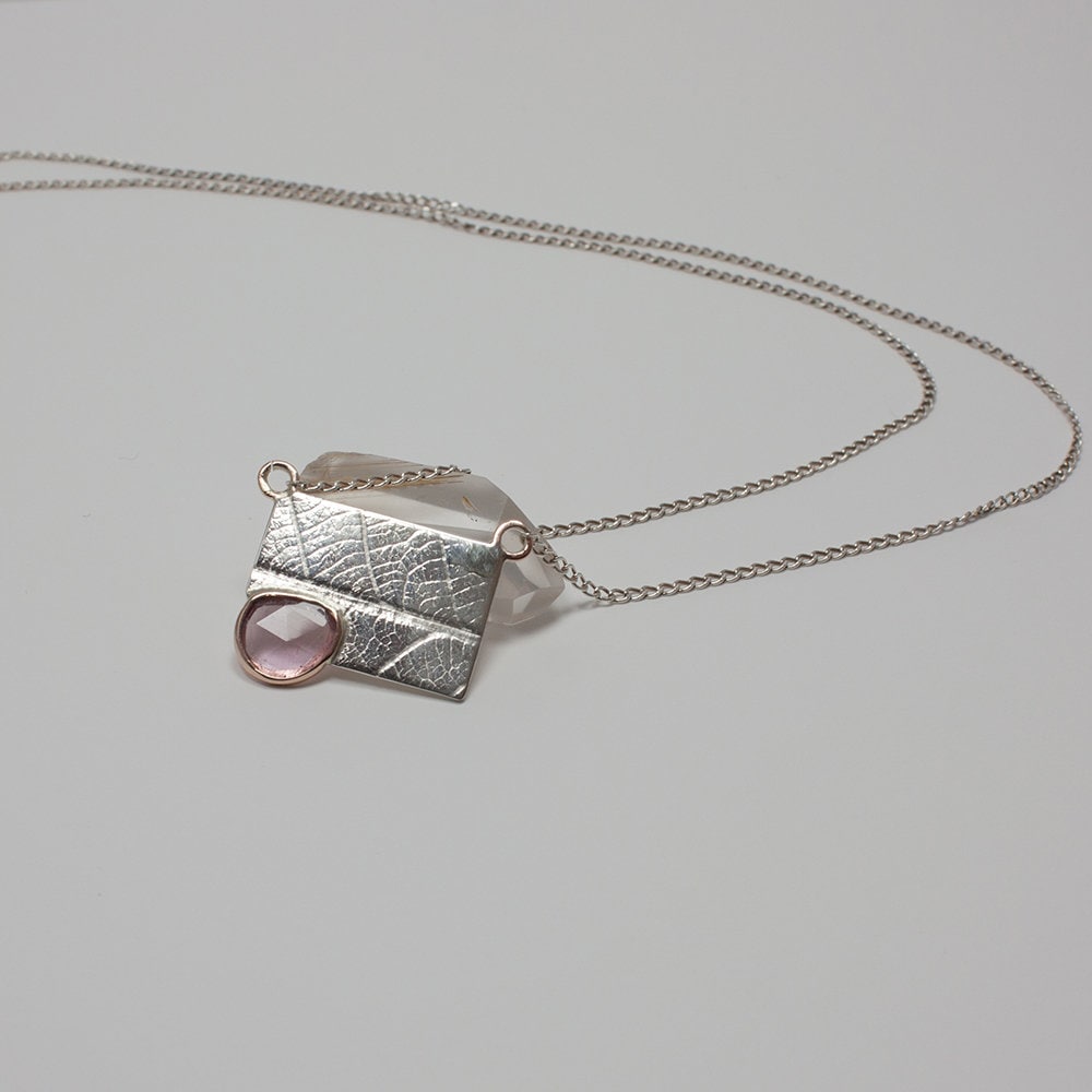 sterling silver, solid 14k rose gold and rose-cut pink tourmaline, leaf impression necklace, spring, gift