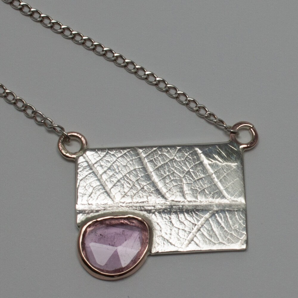 sterling silver, solid 14k rose gold and rose-cut pink tourmaline, leaf impression necklace, spring, gift