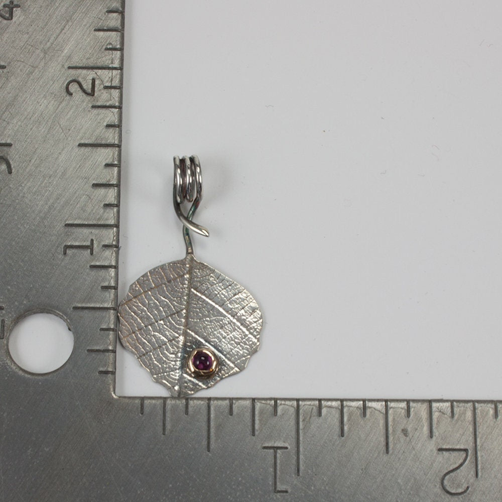 Aspen leaf, sterling silver necklace and earring set, pink tourmaline, 14k yellow gold bezel, gift