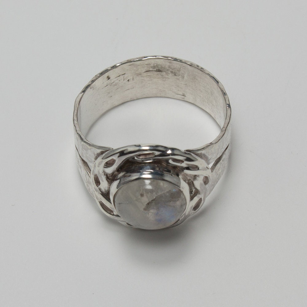 Moonstone ring, rainbow moonstone ring, Celtic braid, hammered texture sterling silver ring, gift for her, gift for him