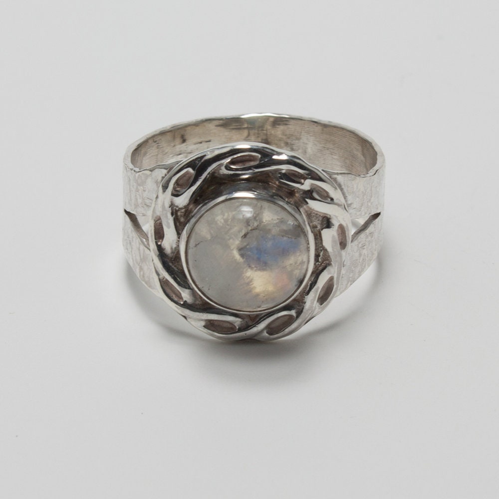 Moonstone ring, rainbow moonstone ring, Celtic braid, hammered texture sterling silver ring, gift for her, gift for him