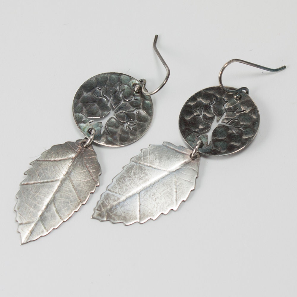 fallen leaves earrings, sterling silver dangle earrings, darkened silver, tree and leaf earrings