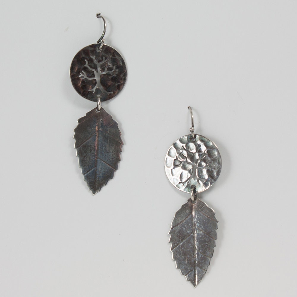 fallen leaves earrings, sterling silver dangle earrings, darkened silver, tree and leaf earrings