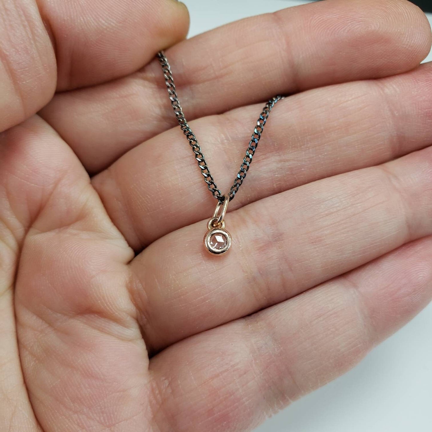 Rose gold rose cut diamond pebble pendant, solid 14k rose gold, silver or solid rose gold chain, necklace, pendant, diamond pendant