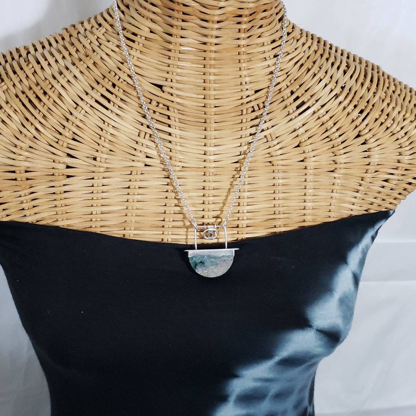 Ocean jasper, diamond, and sterling silver necklace, handmade, hand-cut ocean jasper