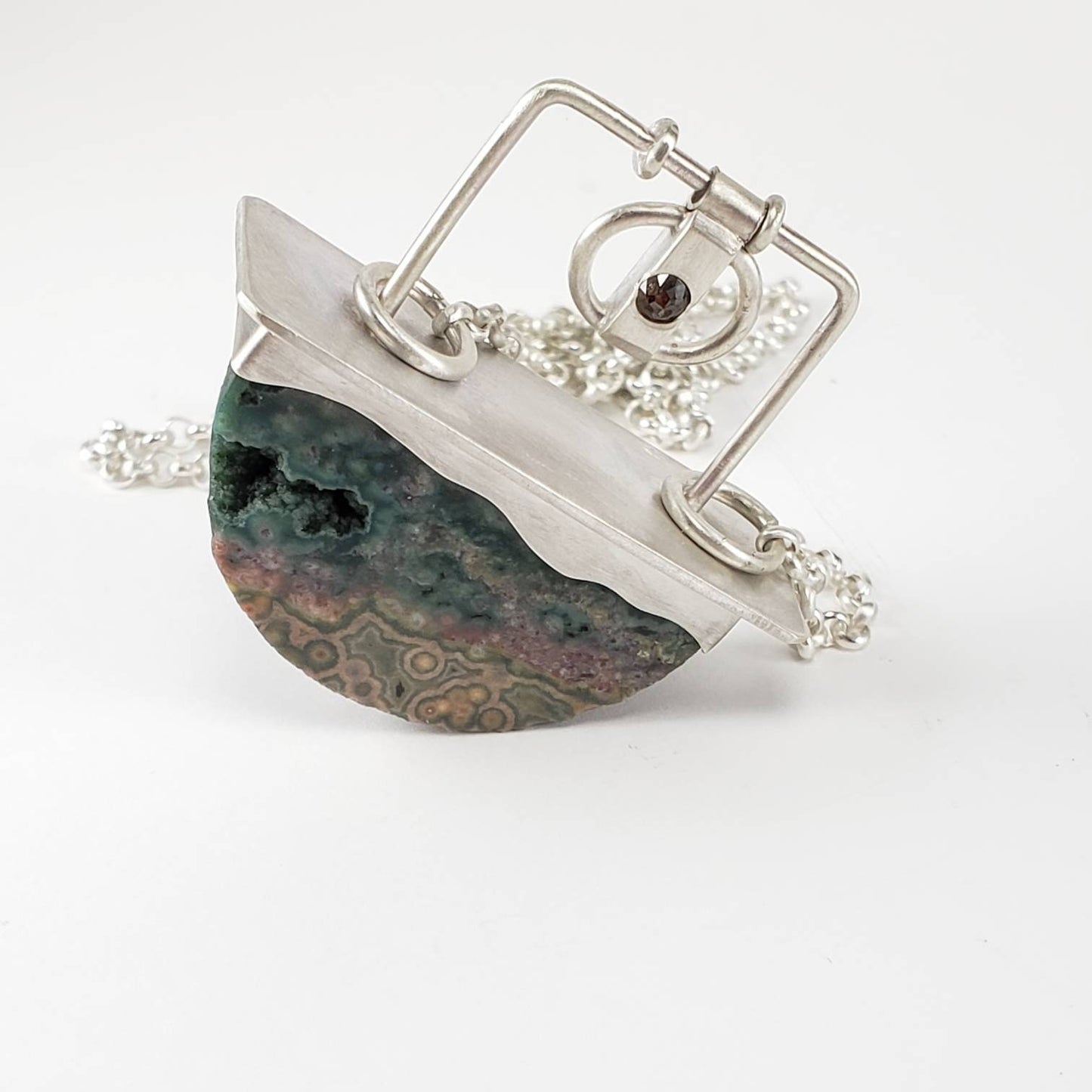 Ocean jasper, diamond, and sterling silver necklace, handmade, hand-cut ocean jasper