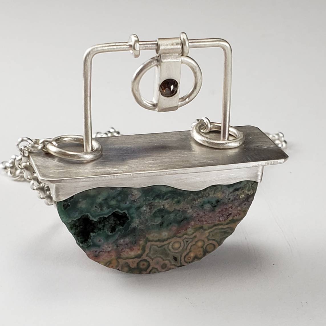Ocean jasper, diamond, and sterling silver necklace, handmade, hand-cut ocean jasper