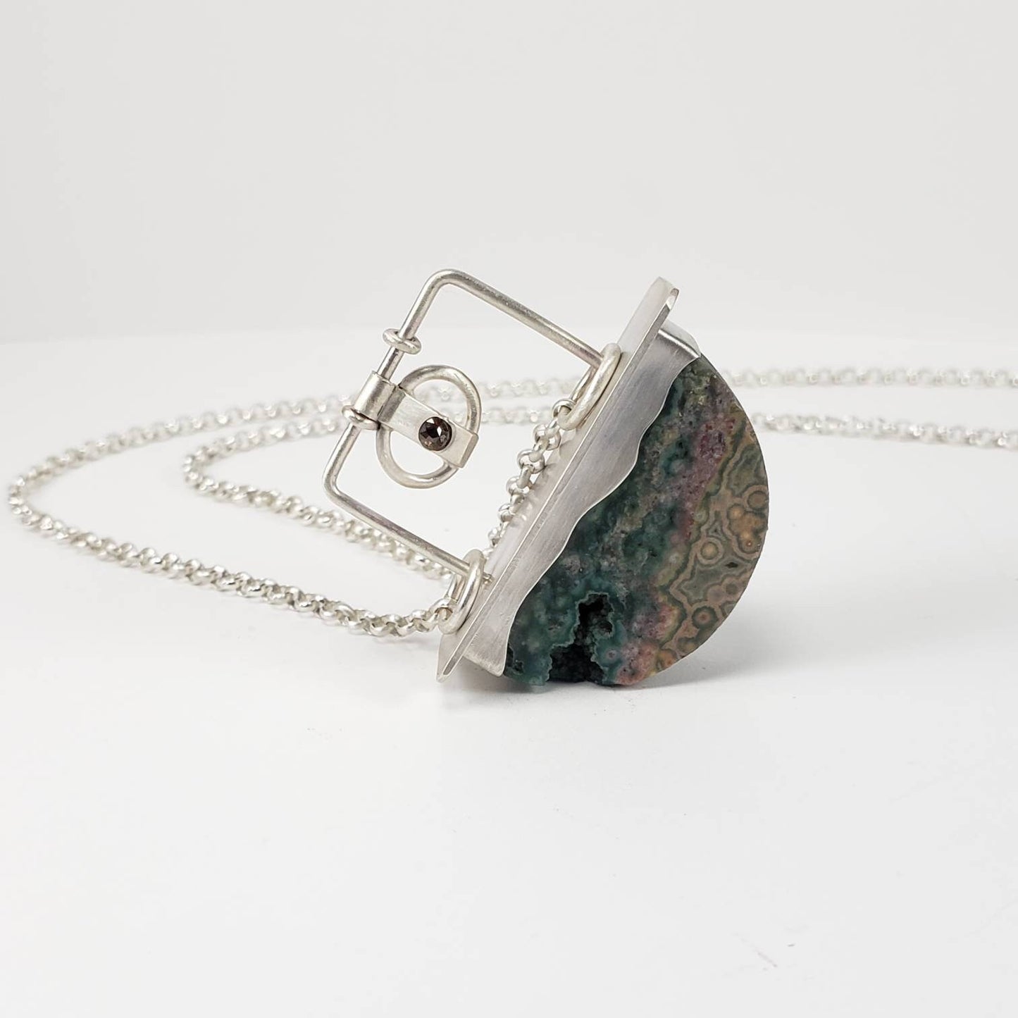 Ocean jasper, diamond, and sterling silver necklace, handmade, hand-cut ocean jasper