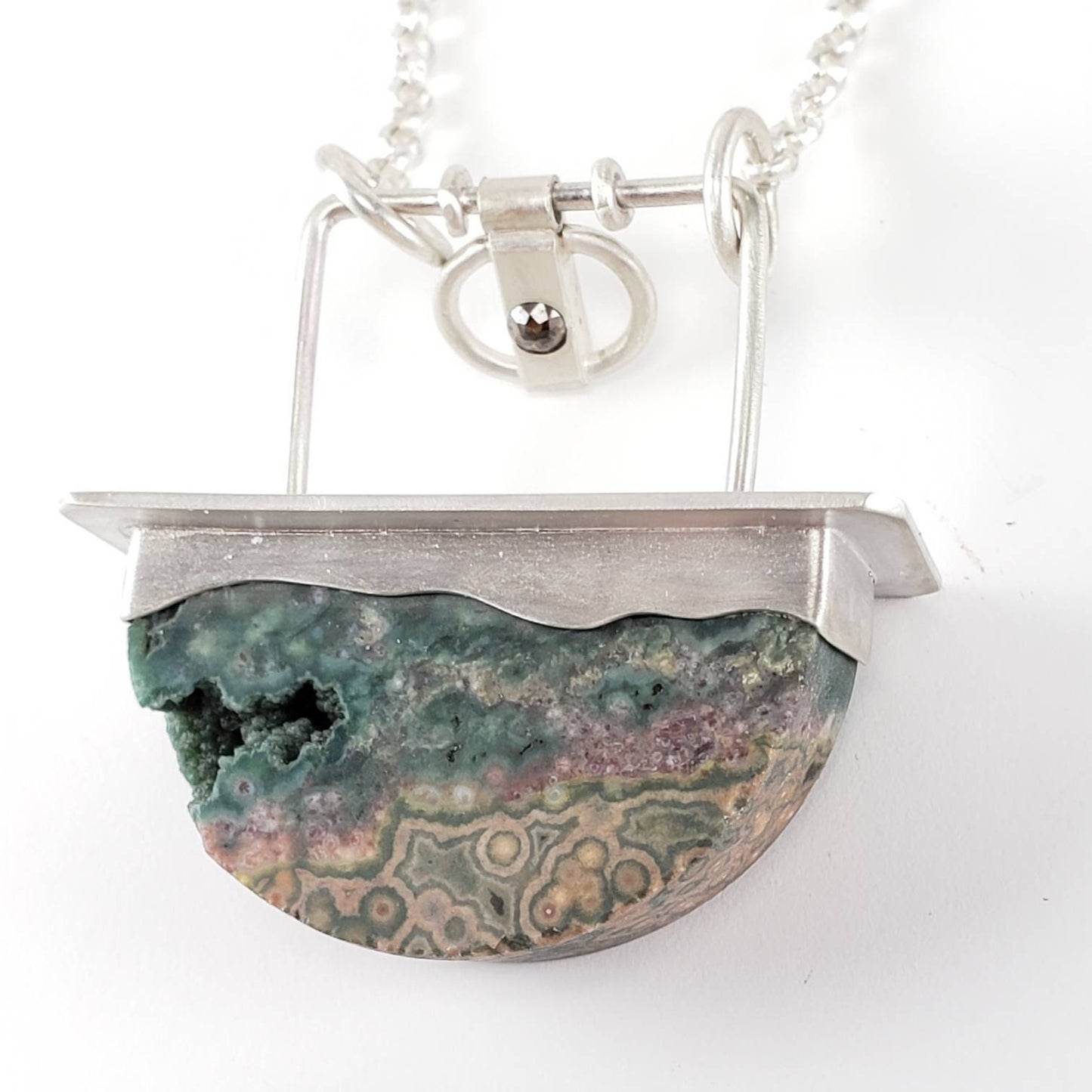 Ocean jasper, diamond, and sterling silver necklace, handmade, hand-cut ocean jasper