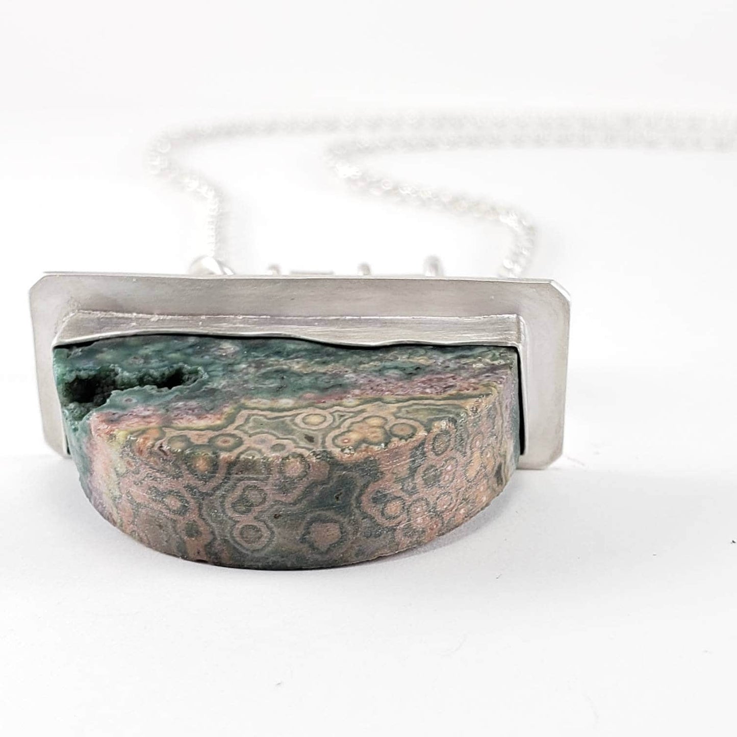 Ocean jasper, diamond, and sterling silver necklace, handmade, hand-cut ocean jasper
