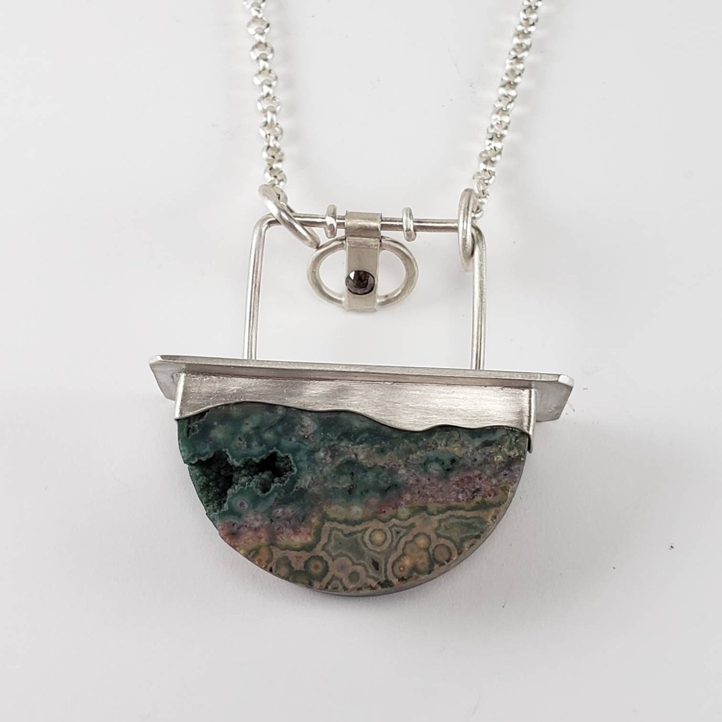 Ocean jasper, diamond, and sterling silver necklace, handmade, hand-cut ocean jasper