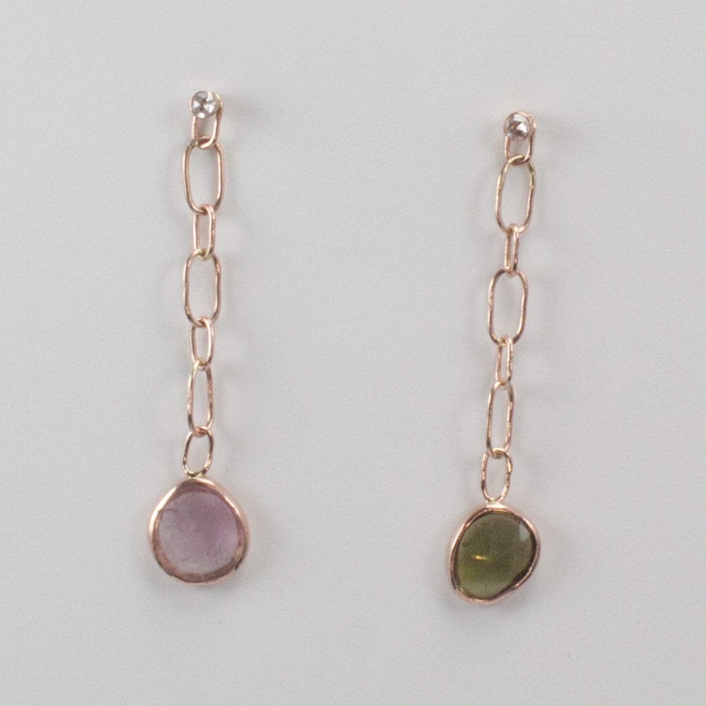 Color asymmetry, rose cut tourmaline and diamond solid 14k rose gold post drop earrings