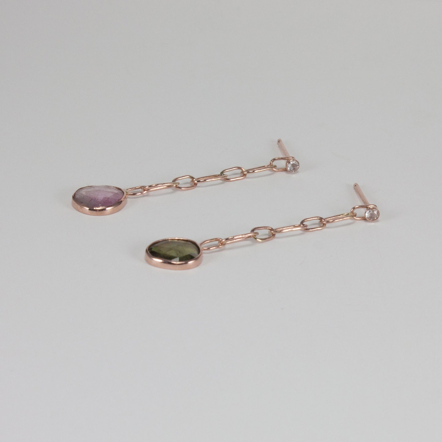 Color asymmetry, rose cut tourmaline and diamond solid 14k rose gold post drop earrings