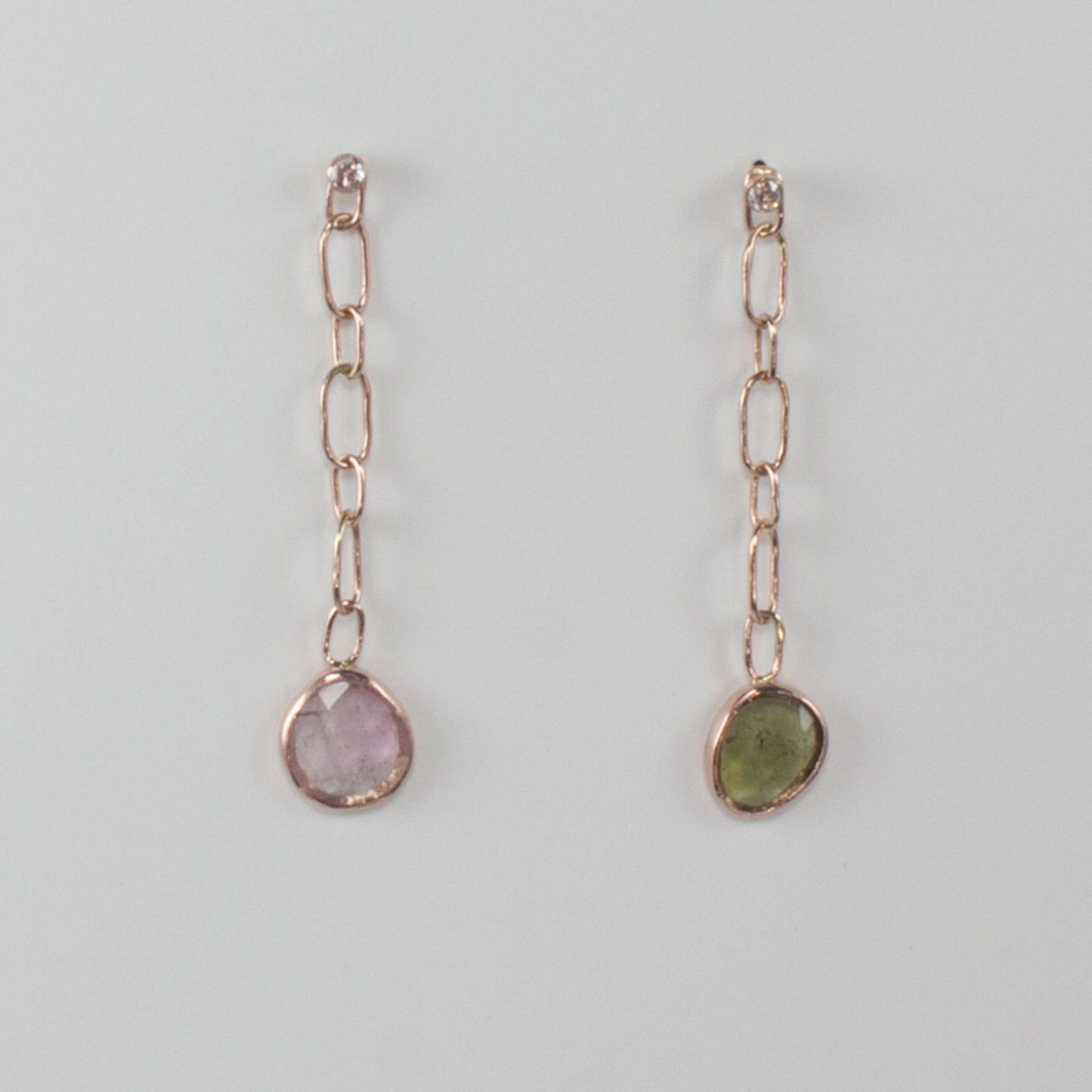 Color asymmetry, rose cut tourmaline and diamond solid 14k rose gold post drop earrings