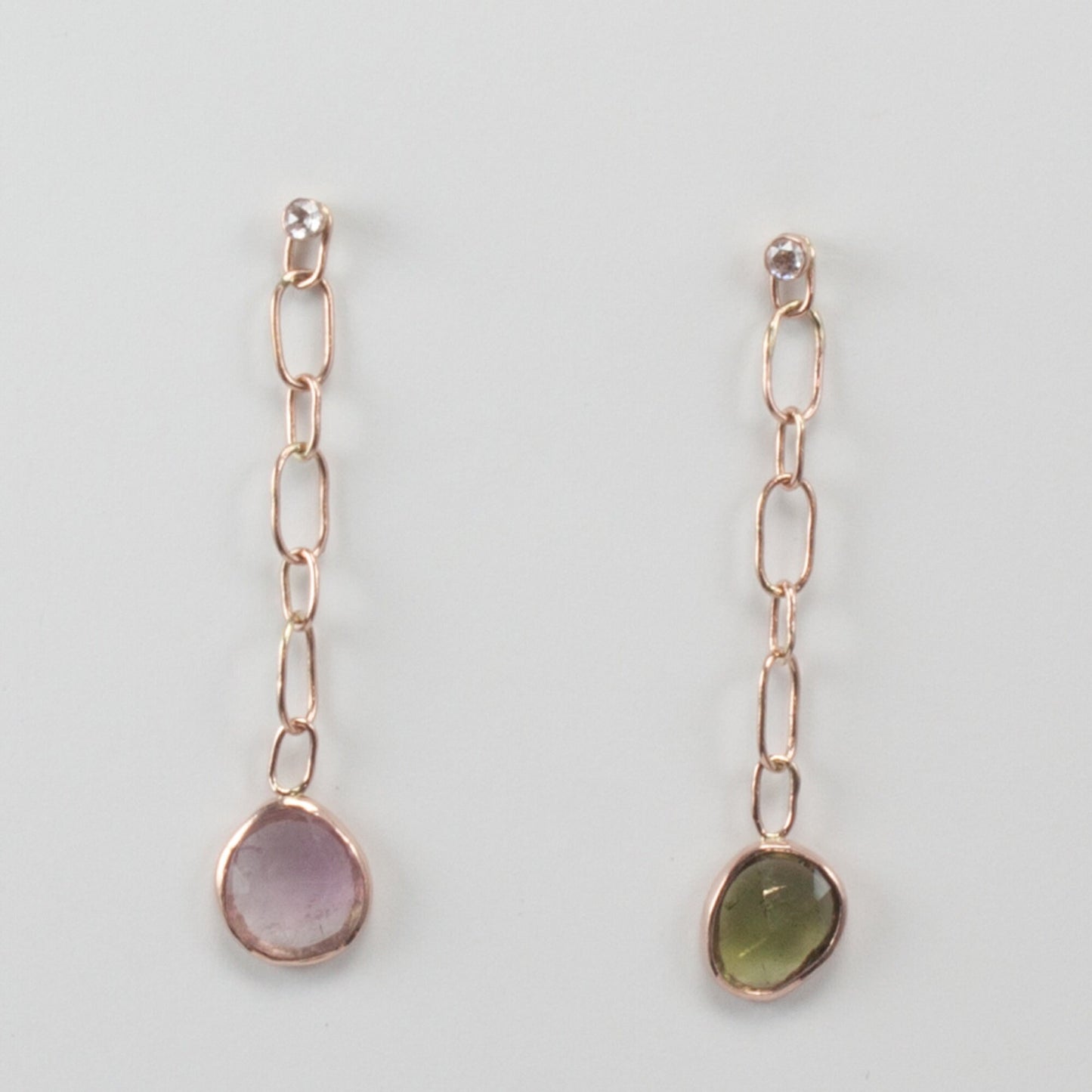 Color asymmetry, rose cut tourmaline and diamond solid 14k rose gold post drop earrings