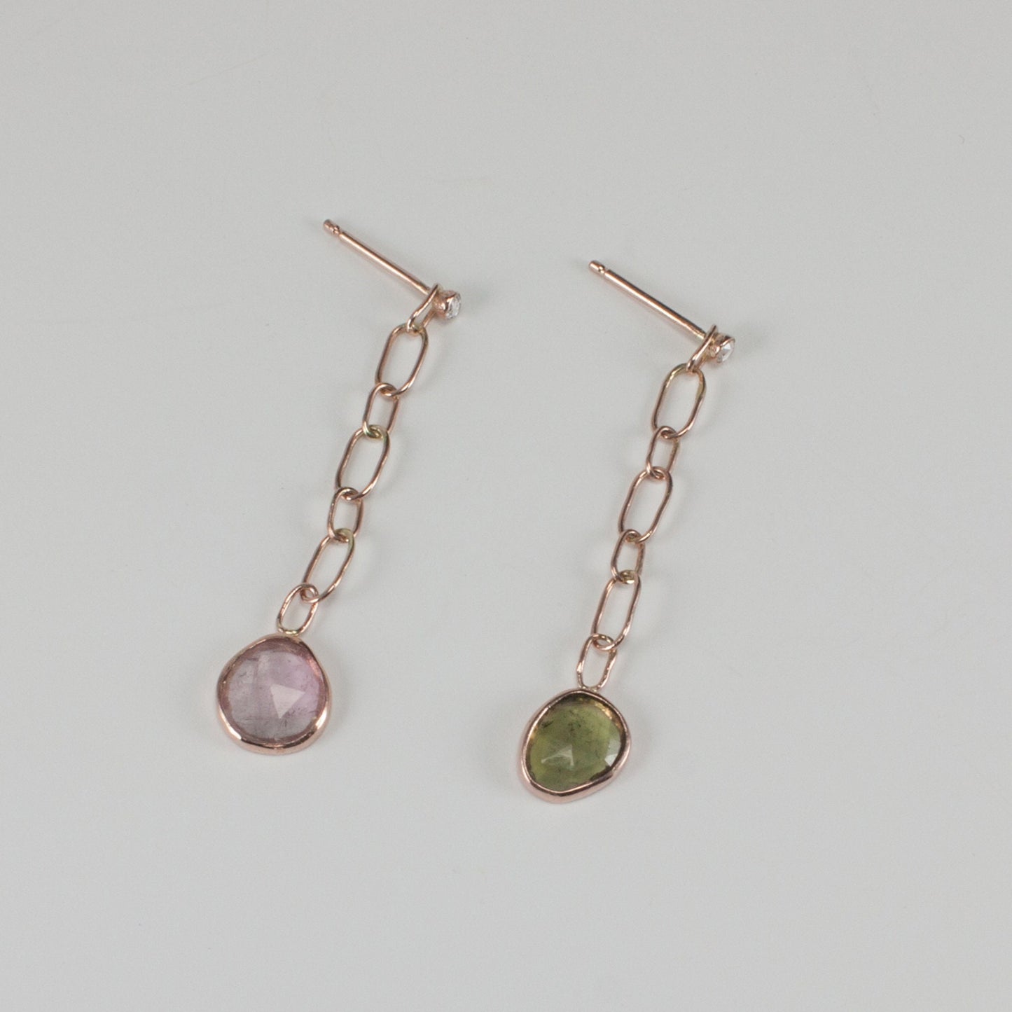 Color asymmetry, rose cut tourmaline and diamond solid 14k rose gold post drop earrings