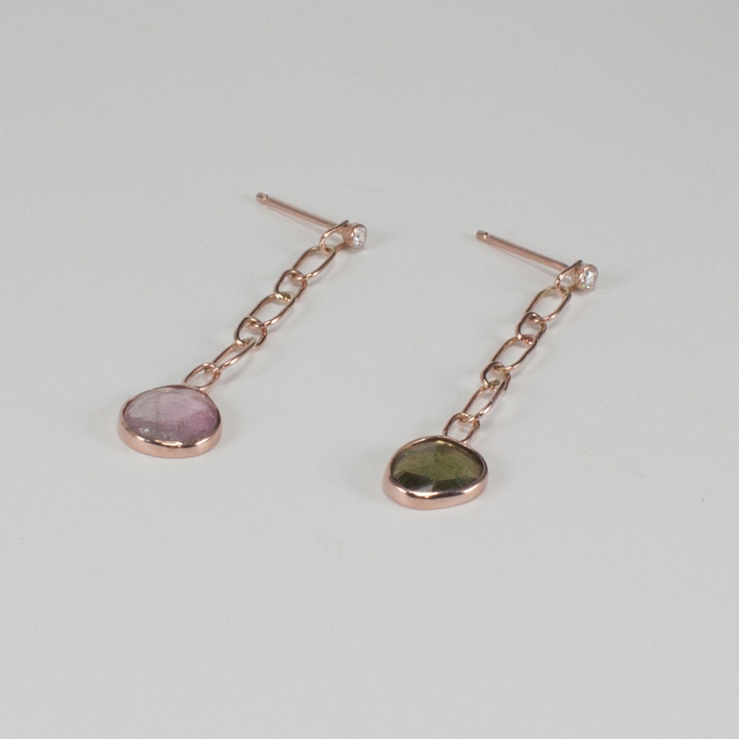 Color asymmetry, rose cut tourmaline and diamond solid 14k rose gold post drop earrings