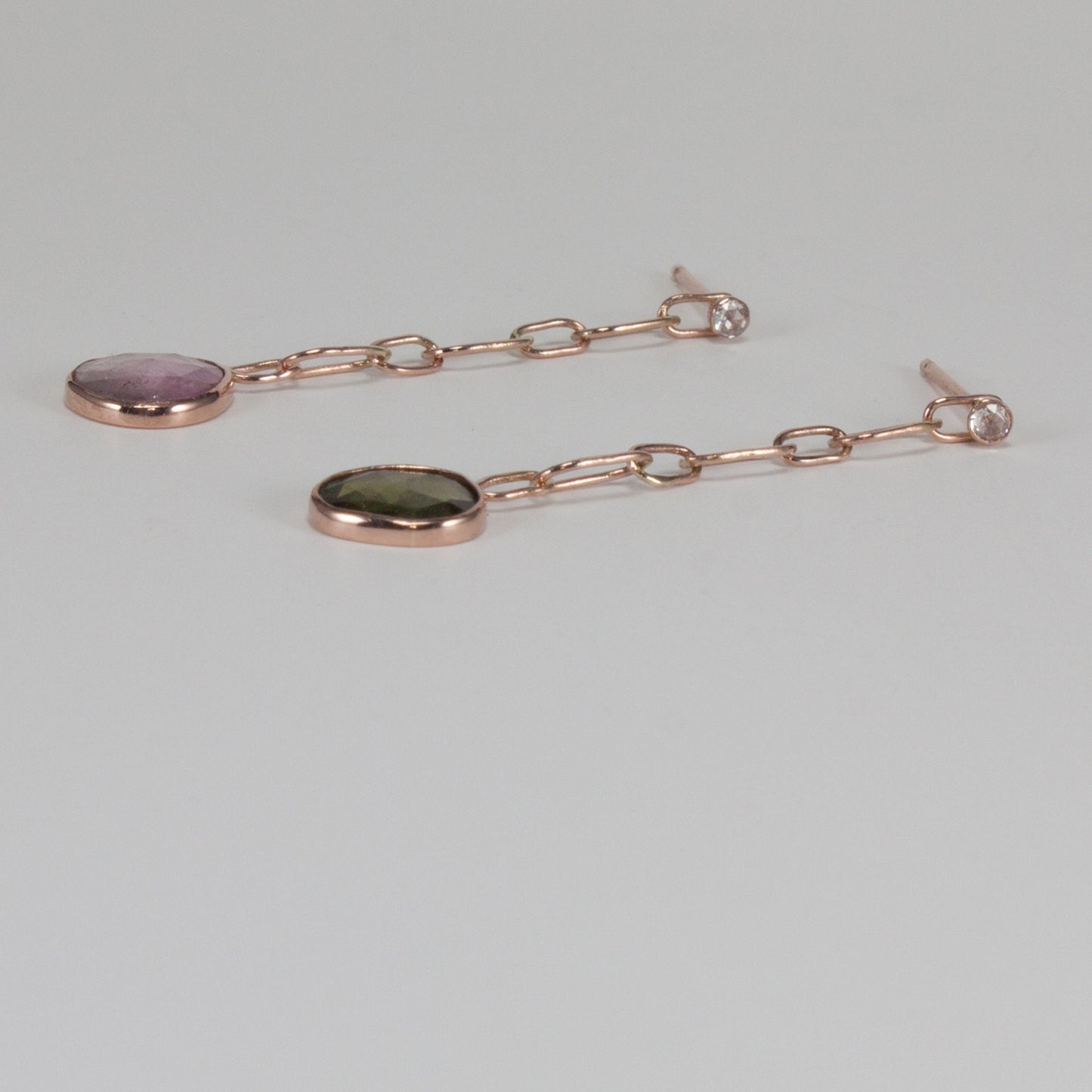 Color asymmetry, rose cut tourmaline and diamond solid 14k rose gold post drop earrings