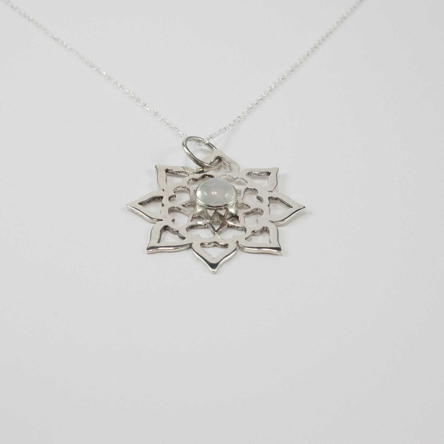 Hearts, Lotus Petal Mandala Necklace, with Bezel Set Rainbow Moonstone, Hand pierced sterling silver and bezel set gemstone